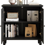 Antique Black Sideboard Buffet Accent Credenza Storage Cabinet with 2 Hollow Floral Carved Doors Small Modular Console Table for Kitchen Living Room Entryway 31.5 Inch