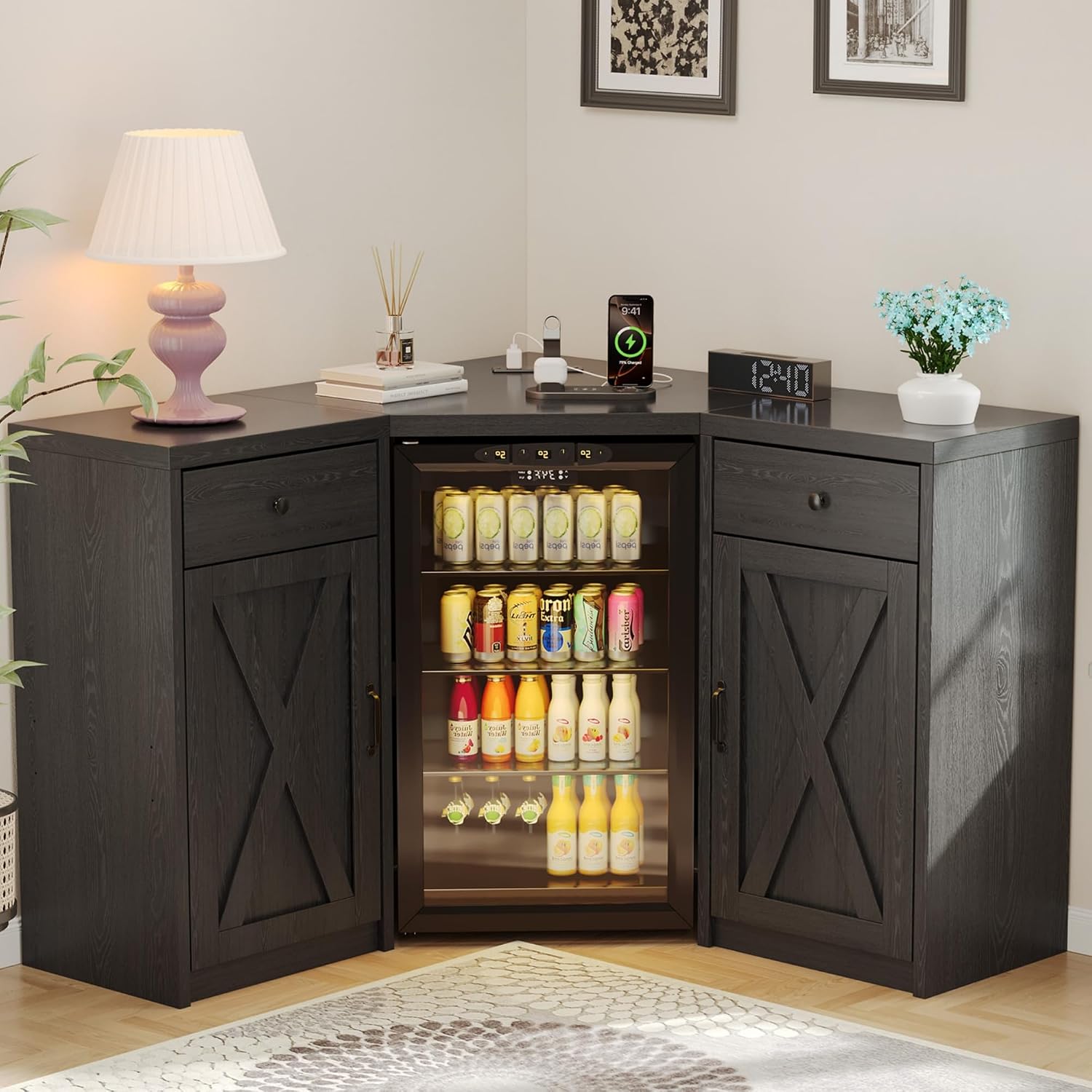 Coffee Bar Cabinet with Fridge Space, Corner Bar Cabinet with Fridge Space, L-Shaped Liquor Wine Cabinet for Home, Mini Fridge Cabinet with Storage for Dining Room, Living Room