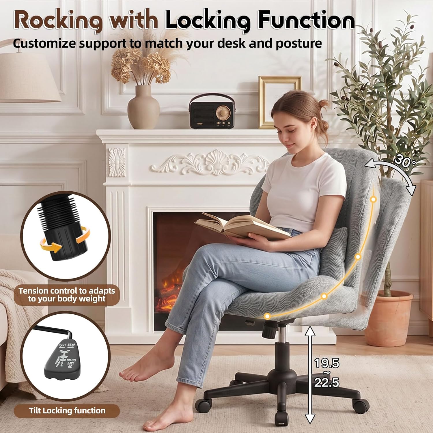 Criss Cross Chair with Wheels, Wide Cross Legged Chair with Lumbar Pillow & High Back, High-Density Foam Seat, Wing-Shaped Design for Home Office Desk Vanity Gray