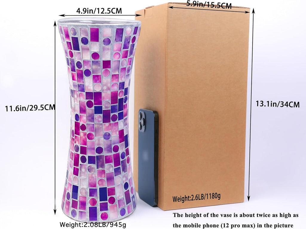 11.6" H Purple Red Mosaic Vase, Exquisite Handmade Craftsmanship Tall Glass Vase, Modern Hourglass Art Centerpiece with Dreamy Geometric Pattern for Home & Office Decor, Unique Gift