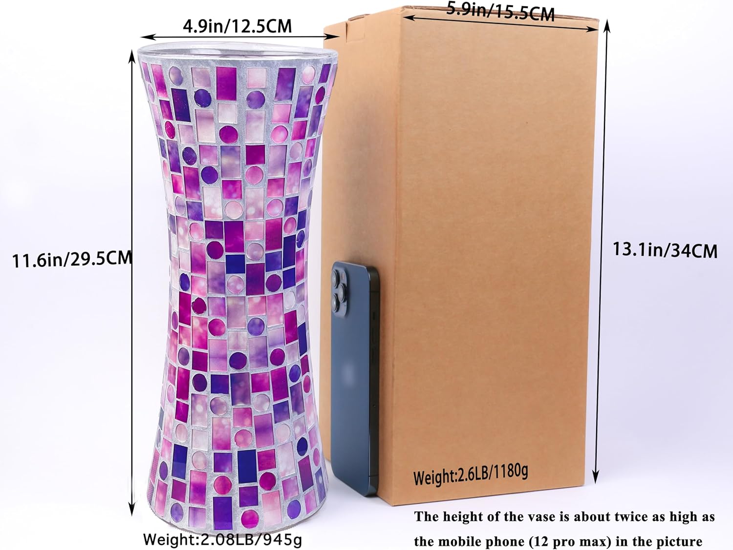 11.6" H Purple Red Mosaic Vase, Exquisite Handmade Craftsmanship Tall Glass Vase, Modern Hourglass Art Centerpiece with Dreamy Geometric Pattern for Home & Office Decor, Unique Gift