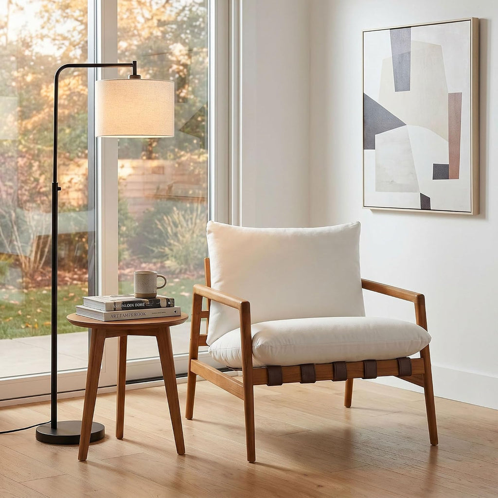 Modway Nomi Teak Wood Outdoor Sling Accent Chair in Natural White - Faux Leather Vegan Patio Armchair with Removable Cushioned Upholstery