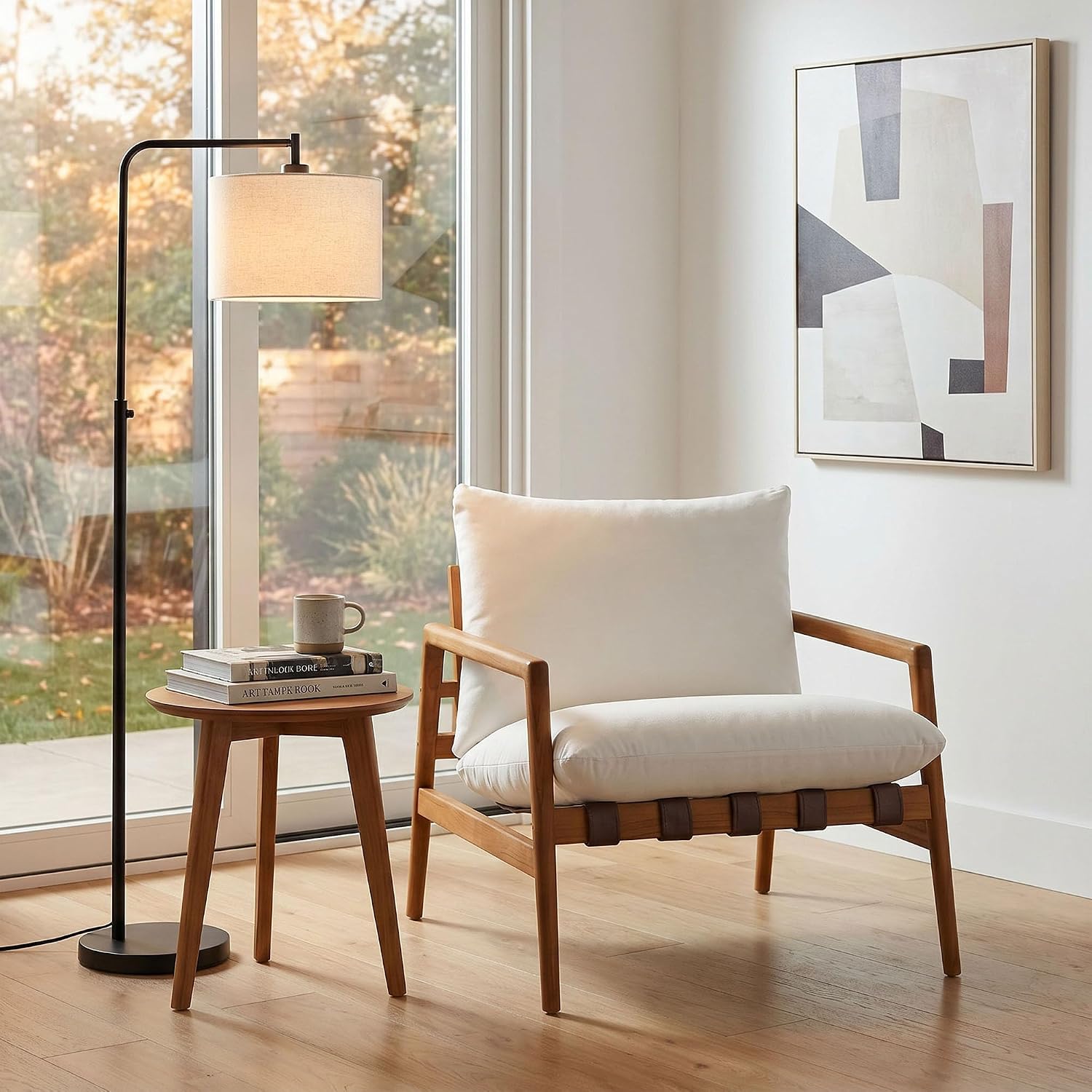 Modway Nomi Teak Wood Outdoor Sling Accent Chair in Natural White - Faux Leather Vegan Patio Armchair with Removable Cushioned Upholstery