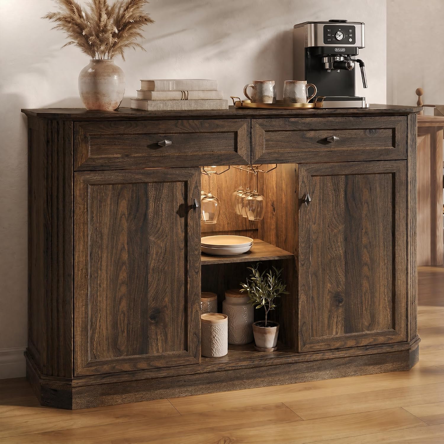 47" Wine Bar Cabinet with LED Light & Power Outlets, 2 Door Coffee Bar Cabinet with 2 Drawers, Sideboard Buffet Cabinet with Storage, Liquor Cabinet for Home Bar, Kitchen Living Room, Walnut Brown