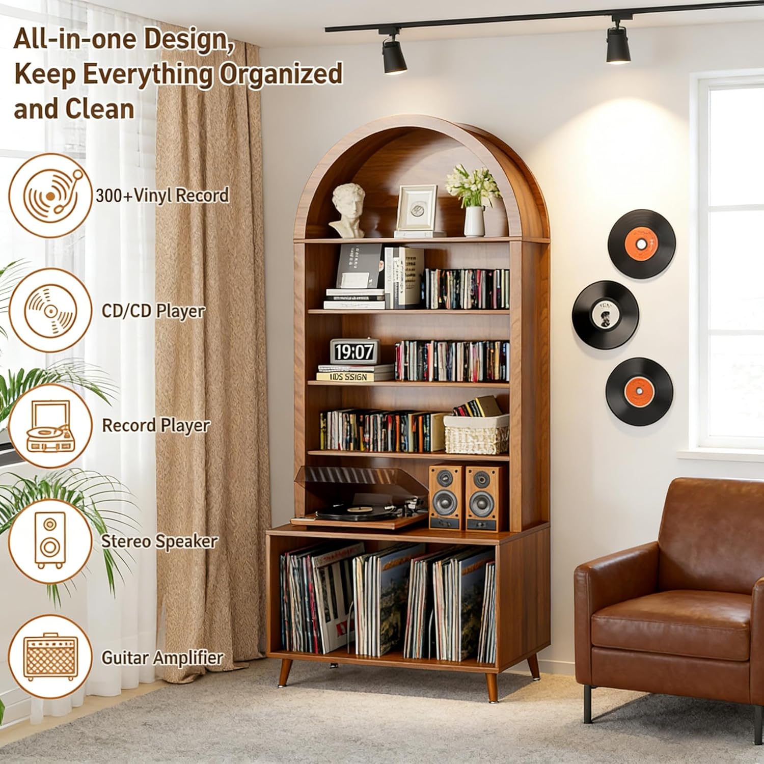 Large Record Player Stand with Vinyl Storage,6-Tier Arched Record Player Table Holds Up 350+ Albums, Turntable Stand with CD/DVD Rack,Vinyl Record Storage for Living Room (Walnut, 31.49''W)