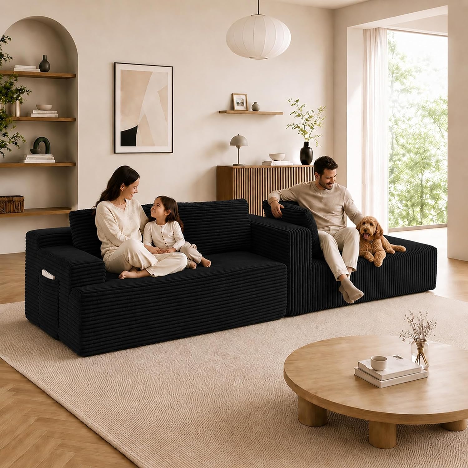Boneless Couch Comfy Sectional Couches for Living Room,U Shaped Modular Cloud Couch Sofa, Minimalist Modular Sectional Sofa with Deep Seat (Black, 96" L Shaped with Right Facing Chaise)