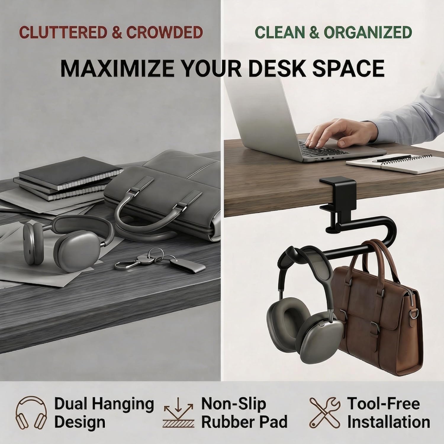 Desk Hook & Bag Hooks for Tables, Anti-Slip 60LB Heavy Duty Clamp-On Backpack Hanger, Extended Clearance Bag Holder for Desk for Office & Gaming, Adjustable (0.19-1.57in) (Black)