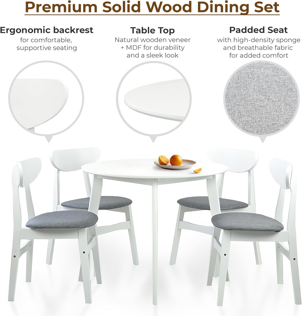 Set of 5 Dining Kitchen Round Table and 4 Yumiko Side Chairs Solid Wood w/Padded Seat, White Color