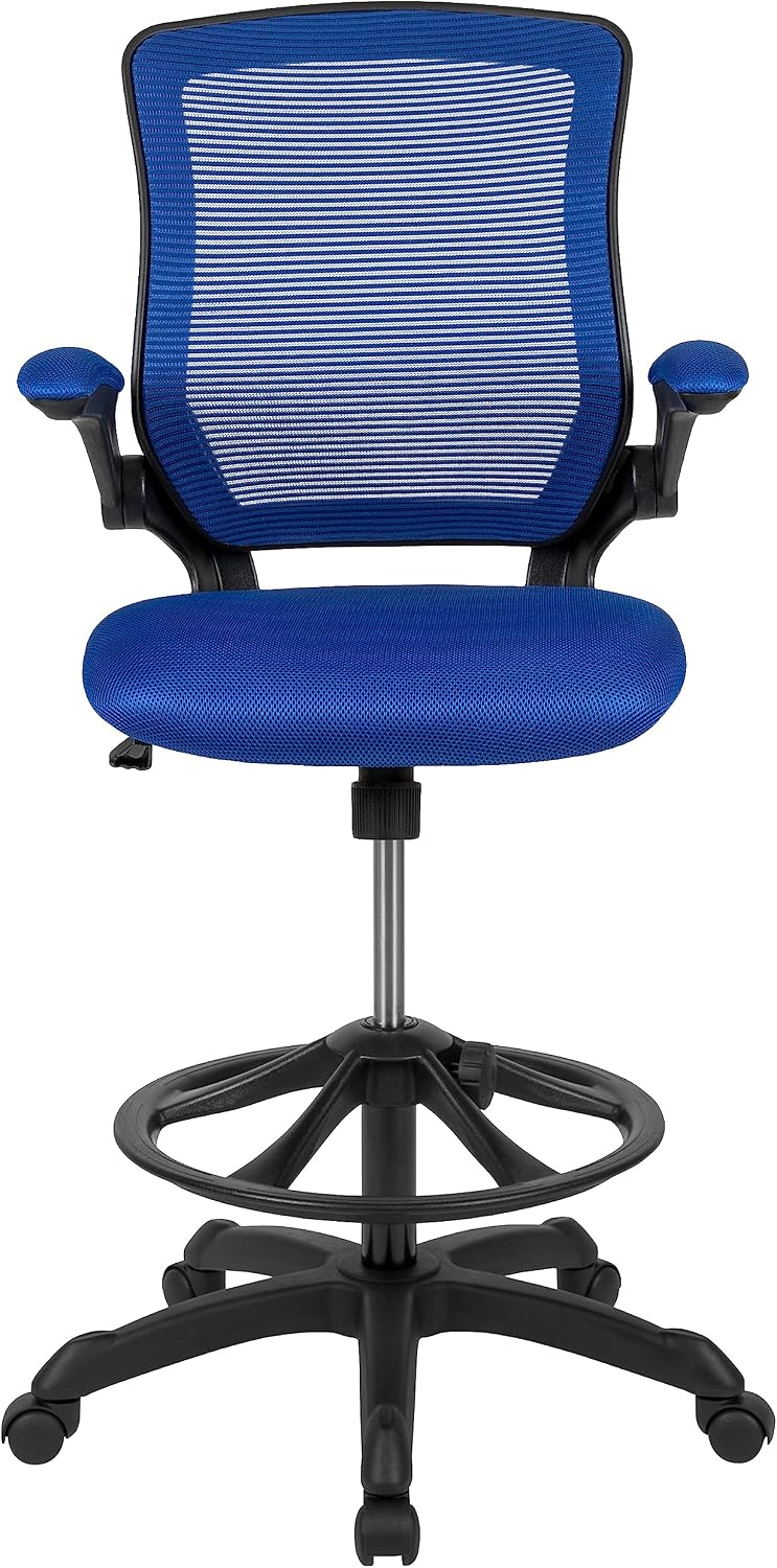 Flash Furniture Kale Mid-Back Blue Mesh Ergonomic Drafting Chair | Adjustable Foot Ring, Flip-Up Arms