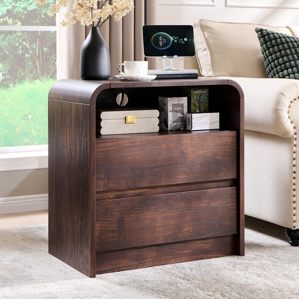 Aitjunz 25" Tall Modern Nightstand with Charging Station, 23.6'' Wide Wood Bedside Table w/2 Storage Drawers, Large Mid Century End Table for Bedroom, Living Room, Curved Profile Design, Brown