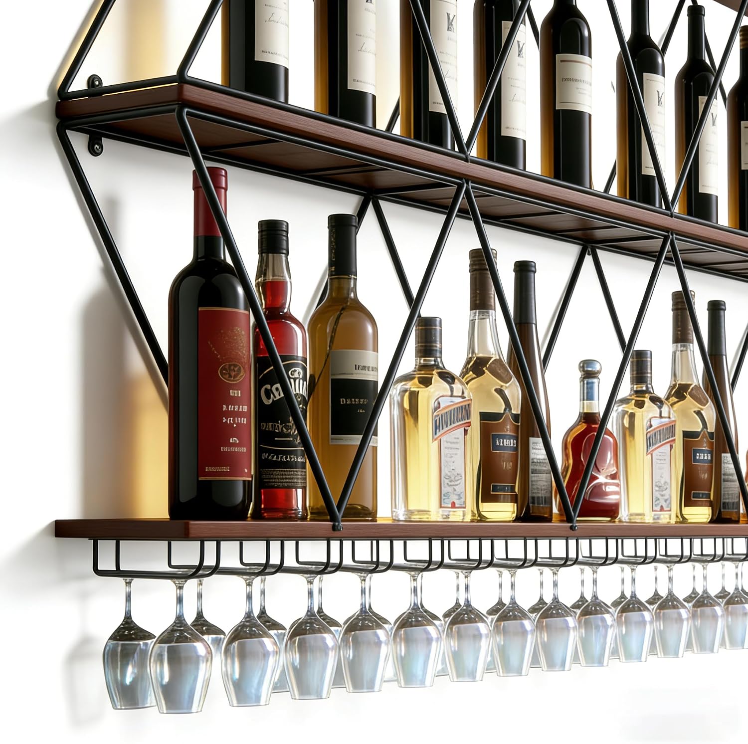 Ceiling Wine Glass Rack, Industrial Wall Mounted Wine Rack, Hanging Wine Rack, 2-Layer Iron Bottle Holder Wine Shelf with Glass Holder (Black, 71 * 7.87 * 32.7inch)