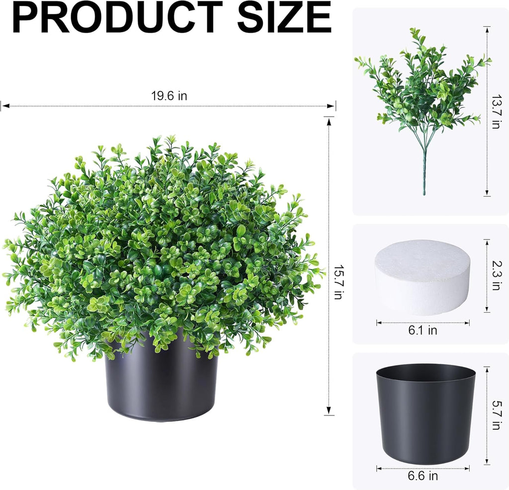 Fake Plants Artificial Plants Outdoor for Spring Summer Decor, 2 Pack Boxwood Fake Potted Plant Artificial Greenery Realistic UV Resistant Faux Outdoor Plant with Pot for Outside Porch Garden Patio