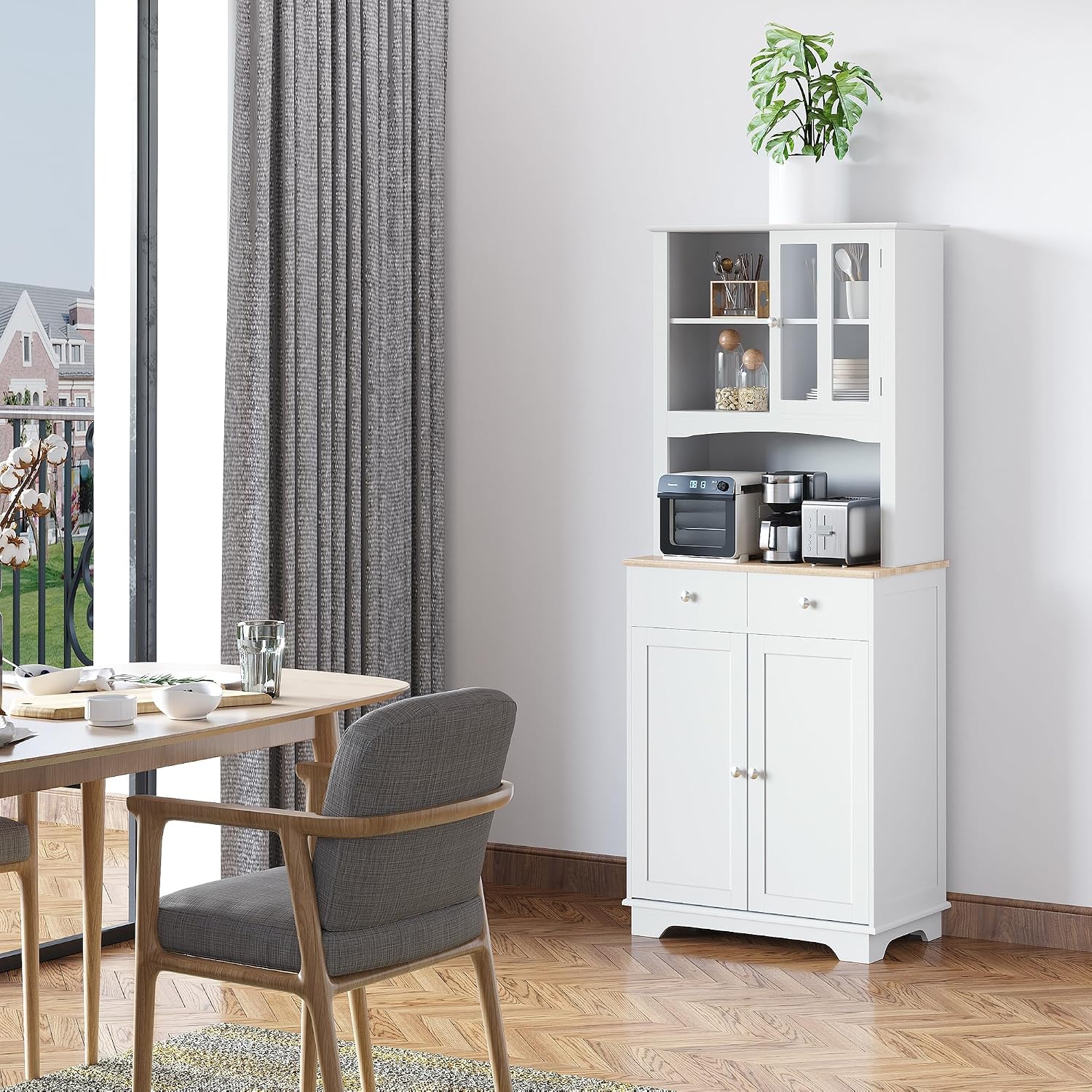 Freestanding 67" Kitchen Buffet with Hutch, Pantry Cabinet with Microwave Stand, Adjustable Shelf, 2 Drawers, Cupboard, White,15.5 * 26.8 * 67