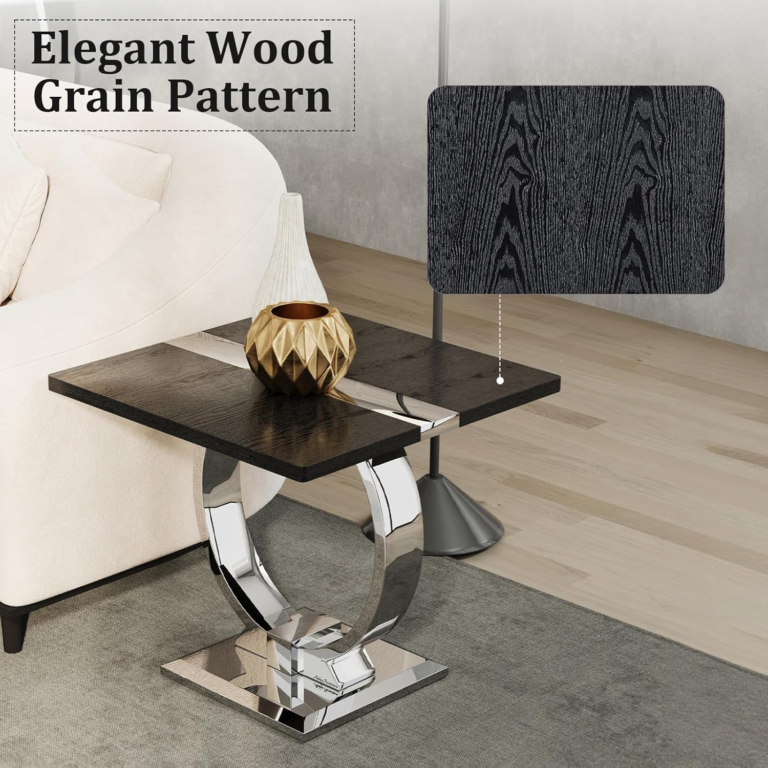 Asday Black End Table, Modern Wood Side Table, Silver End Table with U-Shaped Stainless Steel Base
