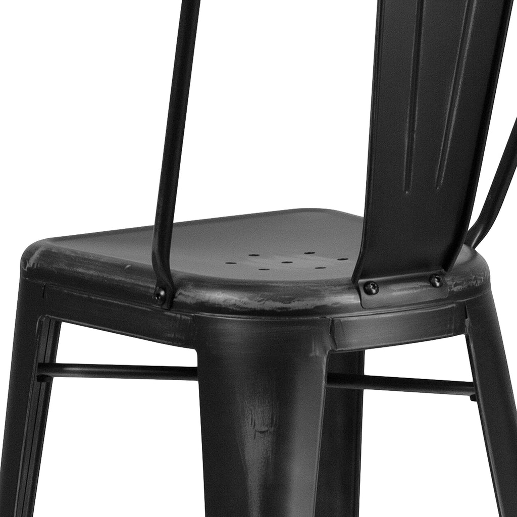 EMMA + OLIVER Commercial Grade 30" H Distressed Black Metal Indoor-Outdoor Barstool w/Back