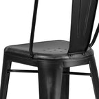 EMMA + OLIVER Commercial Grade 30" H Distressed Black Metal Indoor-Outdoor Barstool w/Back