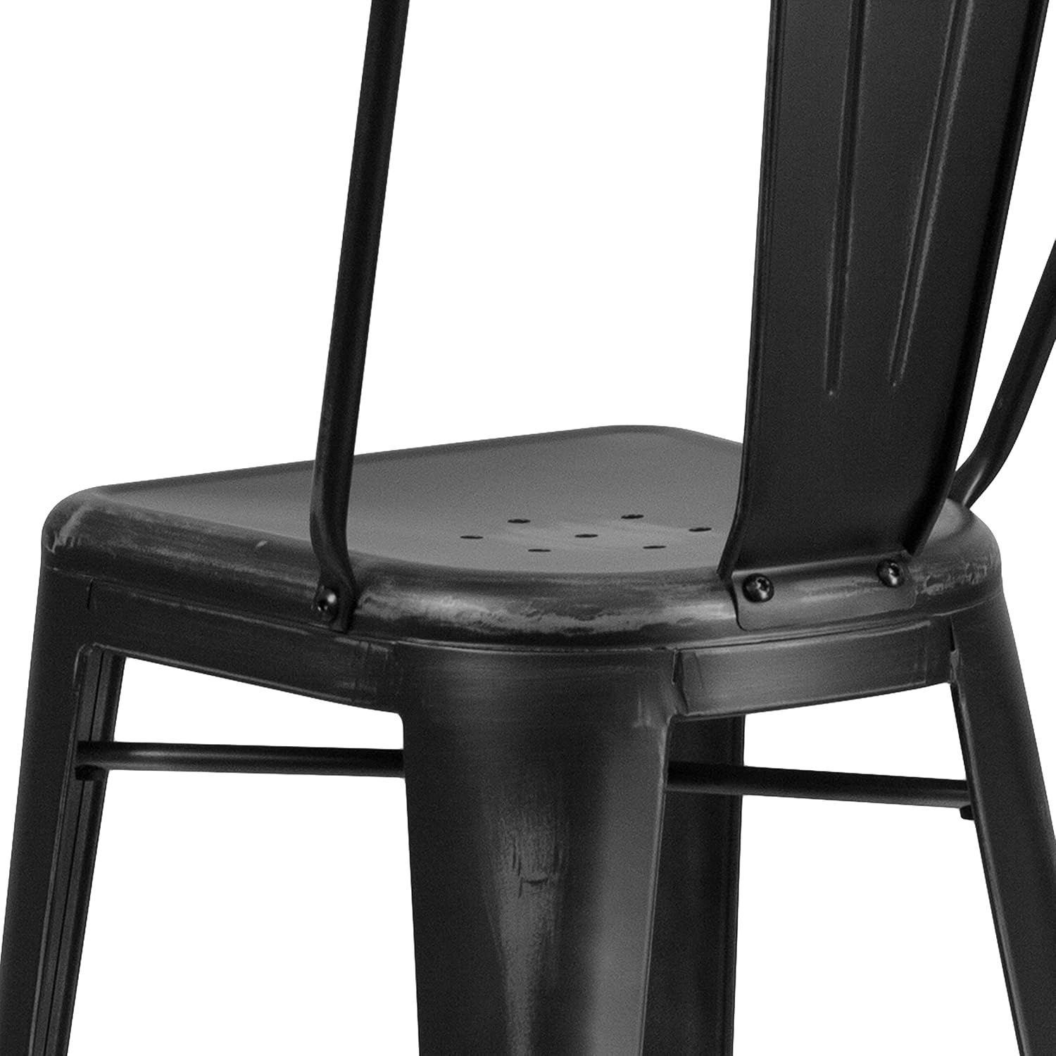 EMMA + OLIVER Commercial Grade 30" H Distressed Black Metal Indoor-Outdoor Barstool w/Back