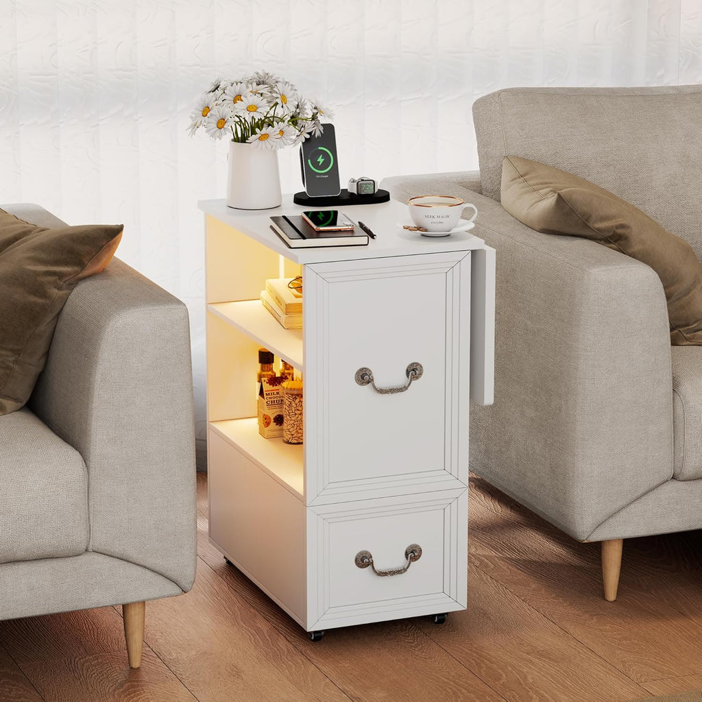 Dystler Side Table with Charging Station and LED Lights, 27.5" Tall Rolling End Table with Drawers and Shelves, Narrow Nightstand with Wheels for Small Space, Living Room, Bedroom, White