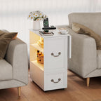 Dystler Side Table with Charging Station and LED Lights, 27.5" Tall Rolling End Table with Drawers and Shelves, Narrow Nightstand with Wheels for Small Space, Living Room, Bedroom, White
