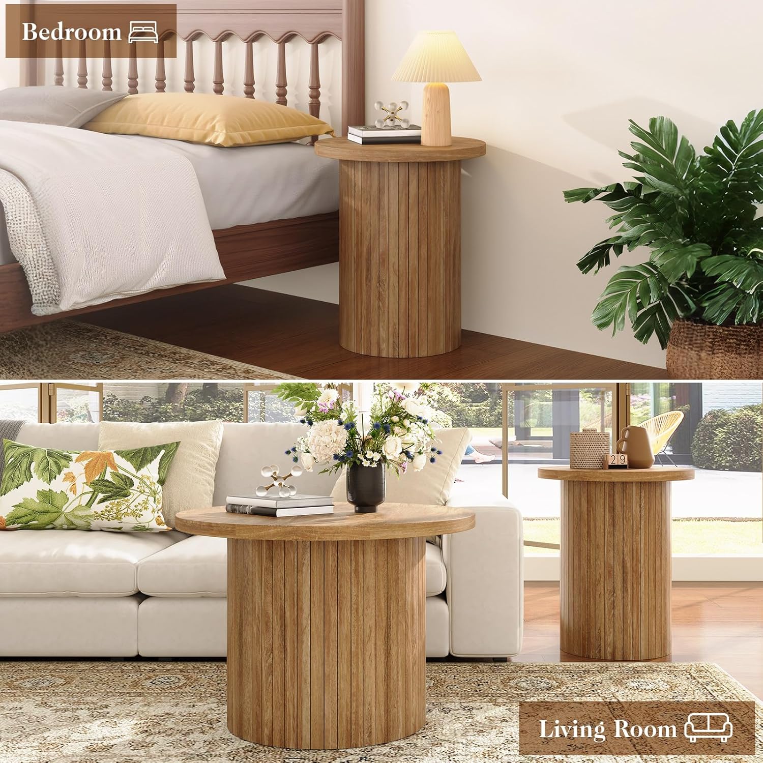 LUXOAK Nesting Coffee Table Set of 2, Mid Century Modern Round Coffee Table, Wood Slat Side Table Set for Living Room, Office, Balcony (Natural Oak)