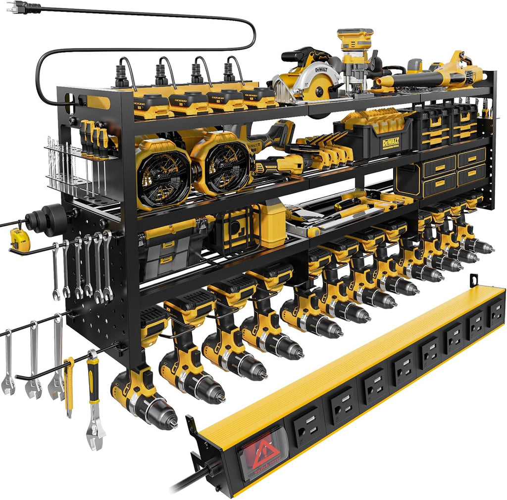 Power Tool Organizer Wall Mount | 8-Outlet TR Charging Station | Garage Storage Rack with Cordless Drill Holder | Heavy Duty Metal Shelf for Workshop Organization