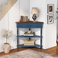ZSQ Retro Corner Side Table, 33.8 inch Triangle Console Table with Solid Wood Legs, 3-Tier Small Wooden Living Room Table, Navy Blue and Espresso Top (Navy Blue)