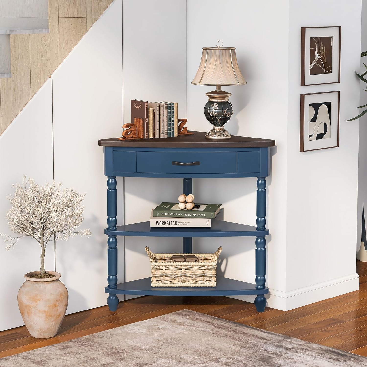 ZSQ Retro Corner Side Table, 33.8 inch Triangle Console Table with Solid Wood Legs, 3-Tier Small Wooden Living Room Table, Navy Blue and Espresso Top (Navy Blue)