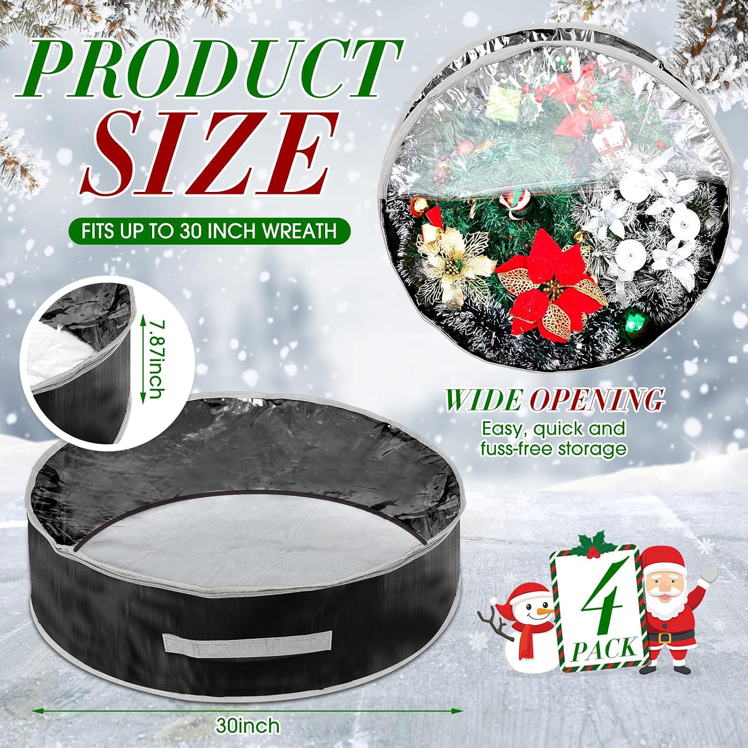 4 Pcs Christmas Wreath Storage Bag, Christmas Garland Storage Container with Clear Window, Zipper & Handle for Xmas Holiday Seasonal Wreath Garland Box(Black,30")