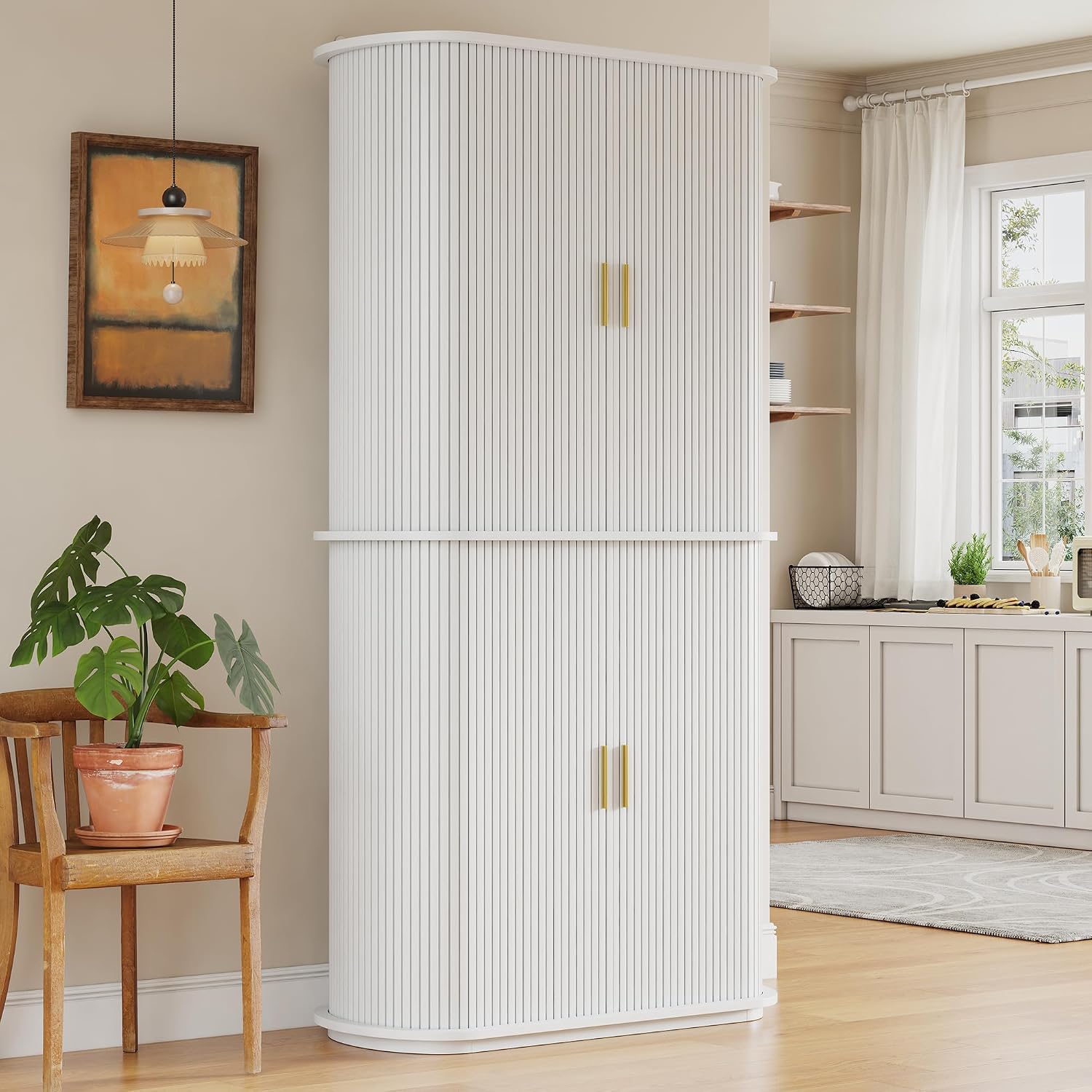 iPormis Kitchen Pantry with Sliding Doors, Tall Modern Curved Pantry Storage Cabinets with Drawer & Pull Out Shelves, 64-Inch Freestanding Wood Cupboard for Kitchen Dining Room Living Room, White