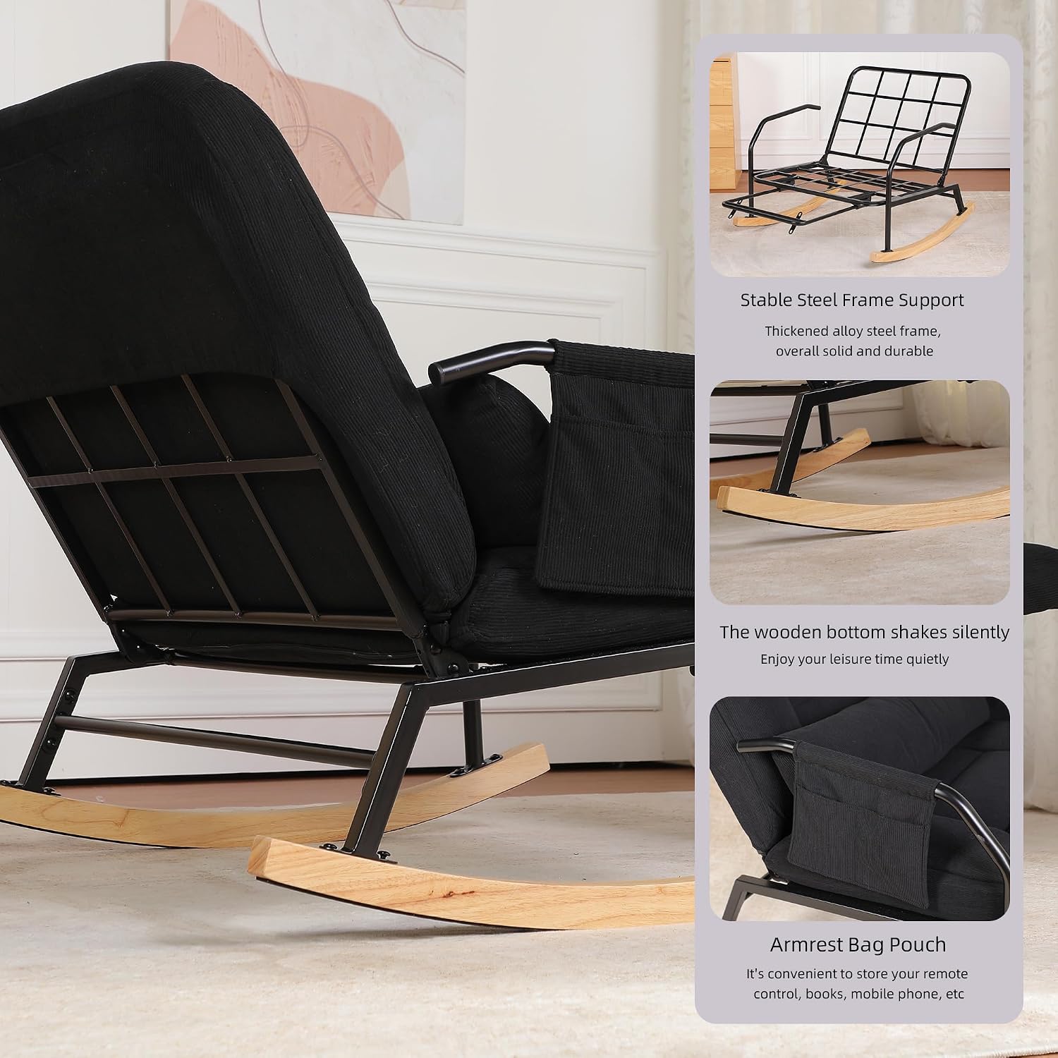 Oversized Reclining Rocking Chair with Foot Rest, 110°–160° Adjustable Backrest, Upholstered Armchair with Side Pocket for Nursery and Living Room, Black