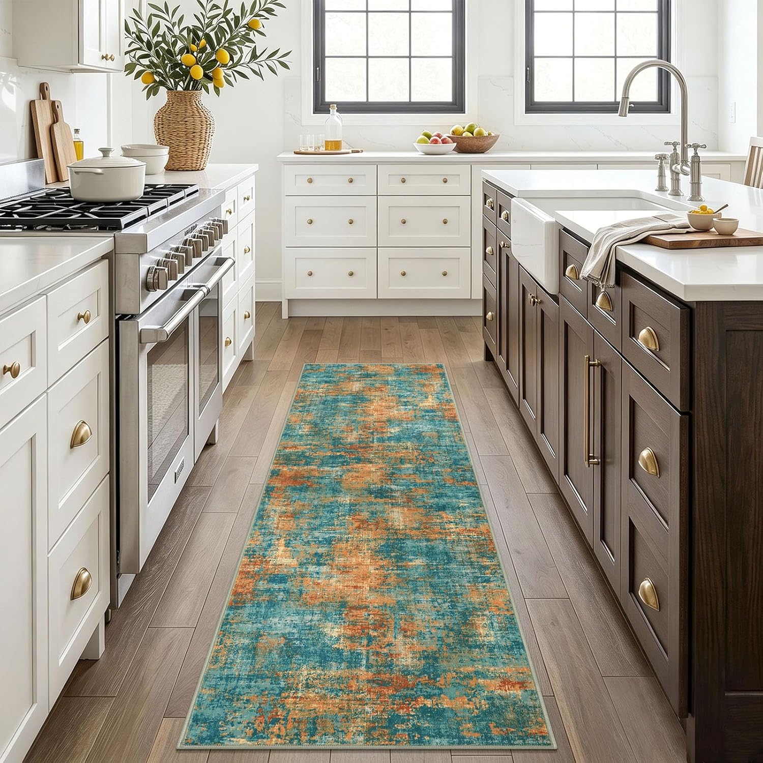 Lansny Abstract 2x6 Runner Rug, Washable Runners for Hallway, Rubber Backed Non-Slip Kitchen Runner Rug, Print Faux Wool Entryway Runners Indoor, Thin Floor Carpet for Bedroom Hall Entry Colorful