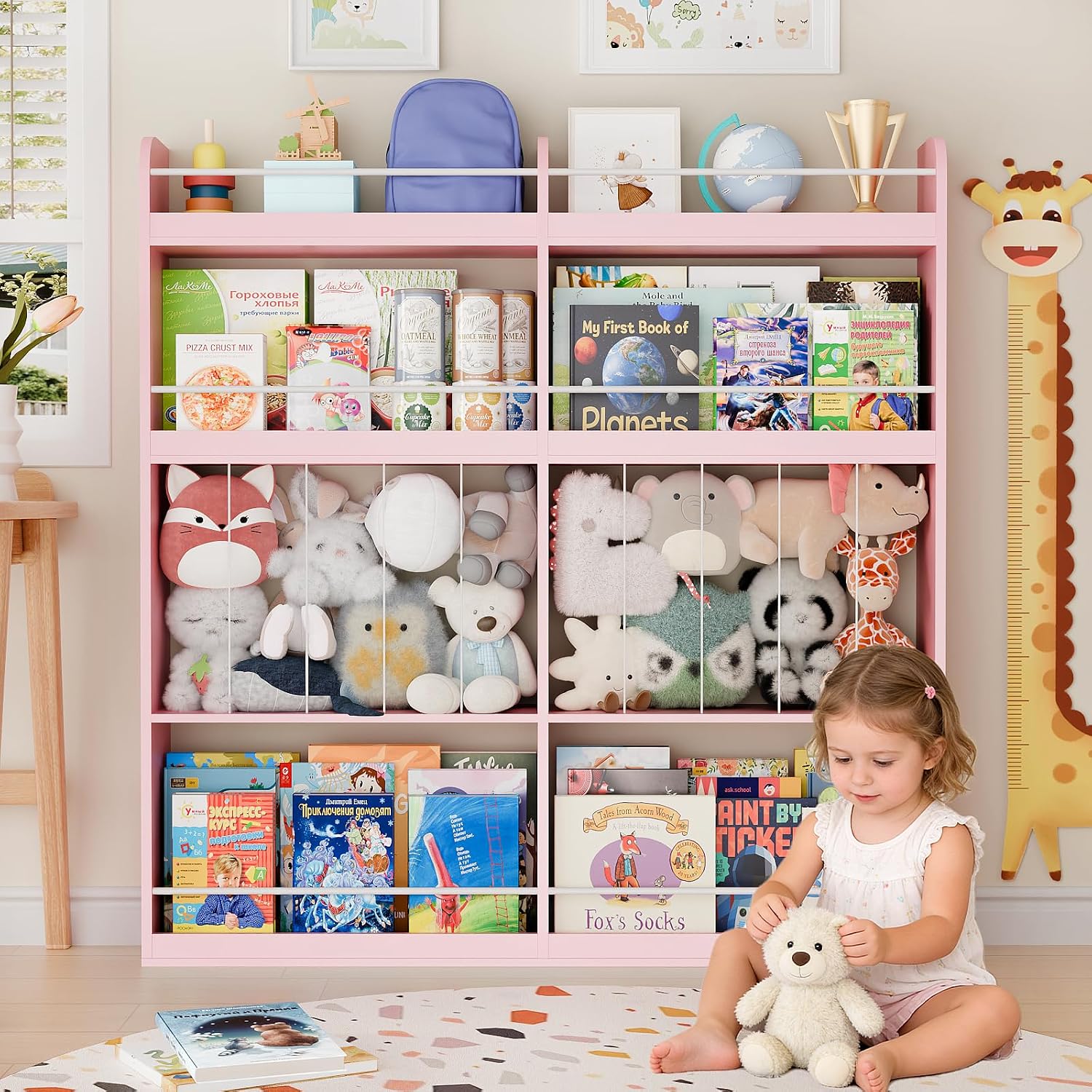 Kids Bookshelf, 8-Tier Bookshelf with Stuffed Animal Storage, Wooden Kids Bookcase and Toy Storage Organizer, Anti-Tipping Wall-Leaning Book Shelf for Kids Room, Playroom, Classroom. Pink