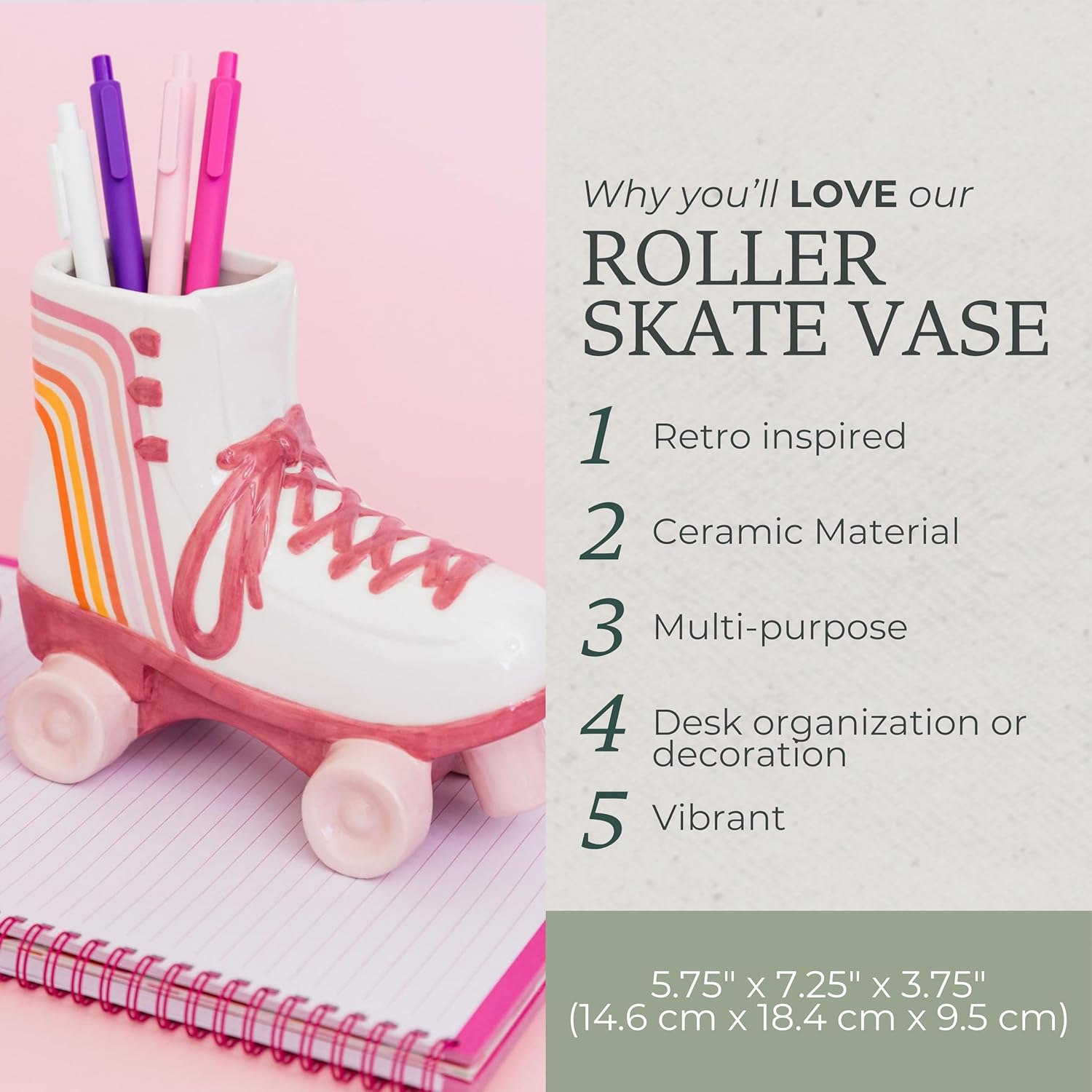 Steel Mill & Co Ceramic Roller Skate Vase, Cute Retro Flower Vase and Office Supplies, Pen and Pencil Holder, Vintage Decor for Home or Office, Small Round Container and Desk Organizer