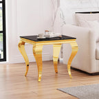Square Glass End Table, 23" Modern Side Table with Black Tempered Glass Top and Gold Mirror-Finished Stainless Steel S-Shaped Legs, Modern Luxury End Table for Living Room or Bedroom