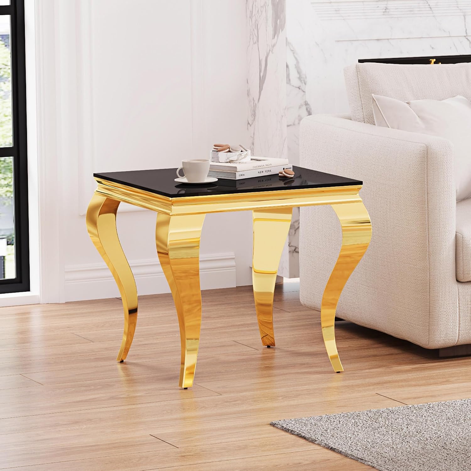 Square Glass End Table, 23" Modern Side Table with Black Tempered Glass Top and Gold Mirror-Finished Stainless Steel S-Shaped Legs, Modern Luxury End Table for Living Room or Bedroom
