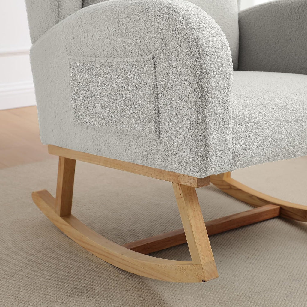 Nursery Rocking Chairs,Upholstered Rocking Chair Nursery for Mom Rocker with High Backrest and Solid Wood Legs,Modern Indoor Rocking Chair for Living Room Bedroom Adults (Teddy Light Grey)