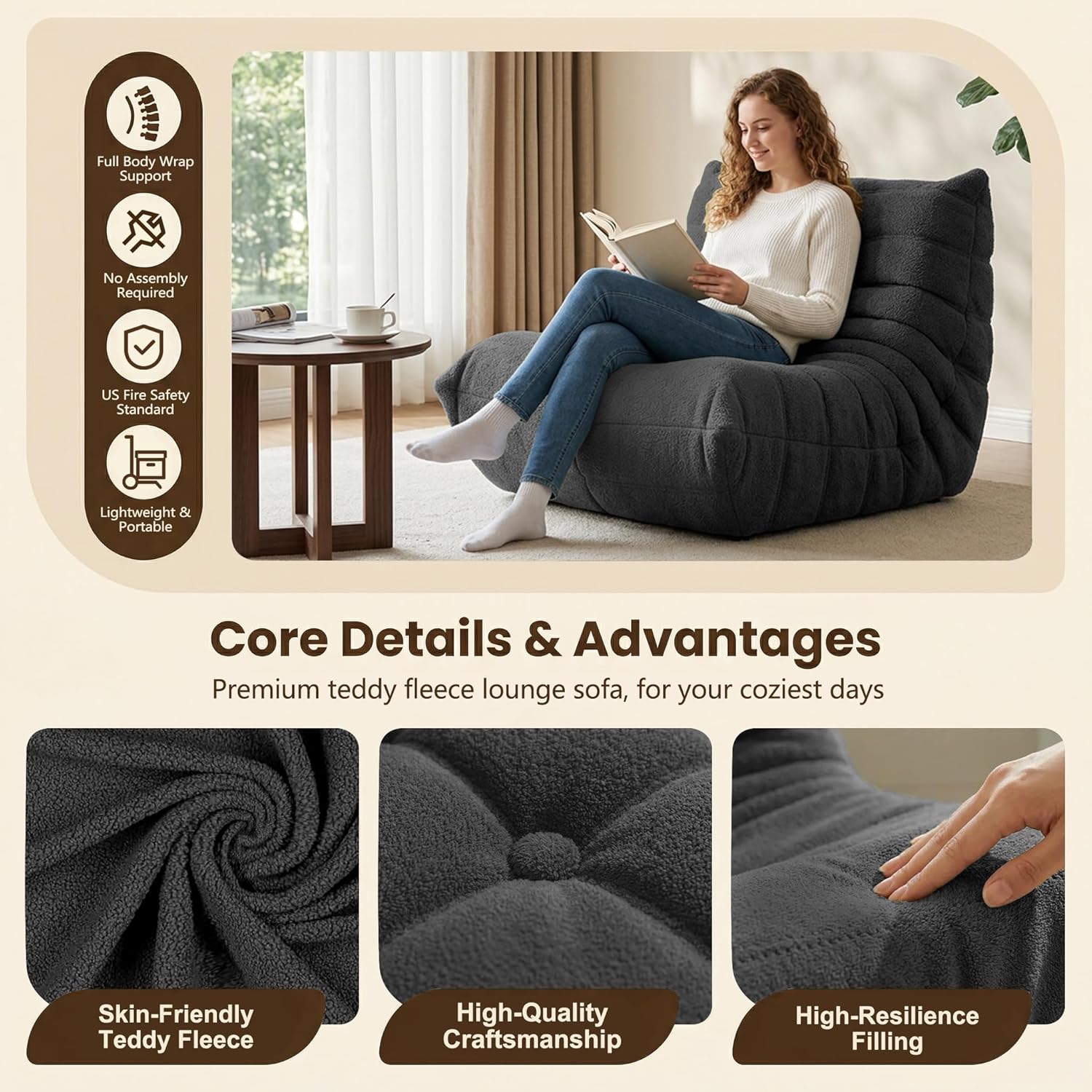 Gazecaia Comfy Bean Bag Chair for Adults Teens | Fireside Floor Lounge Chair,Soft Teddy High-Resilience Memory Foam Bean Bag Couch with Non-Slip Base,for Living Room Bedroom Apartment Office,Dark Gray