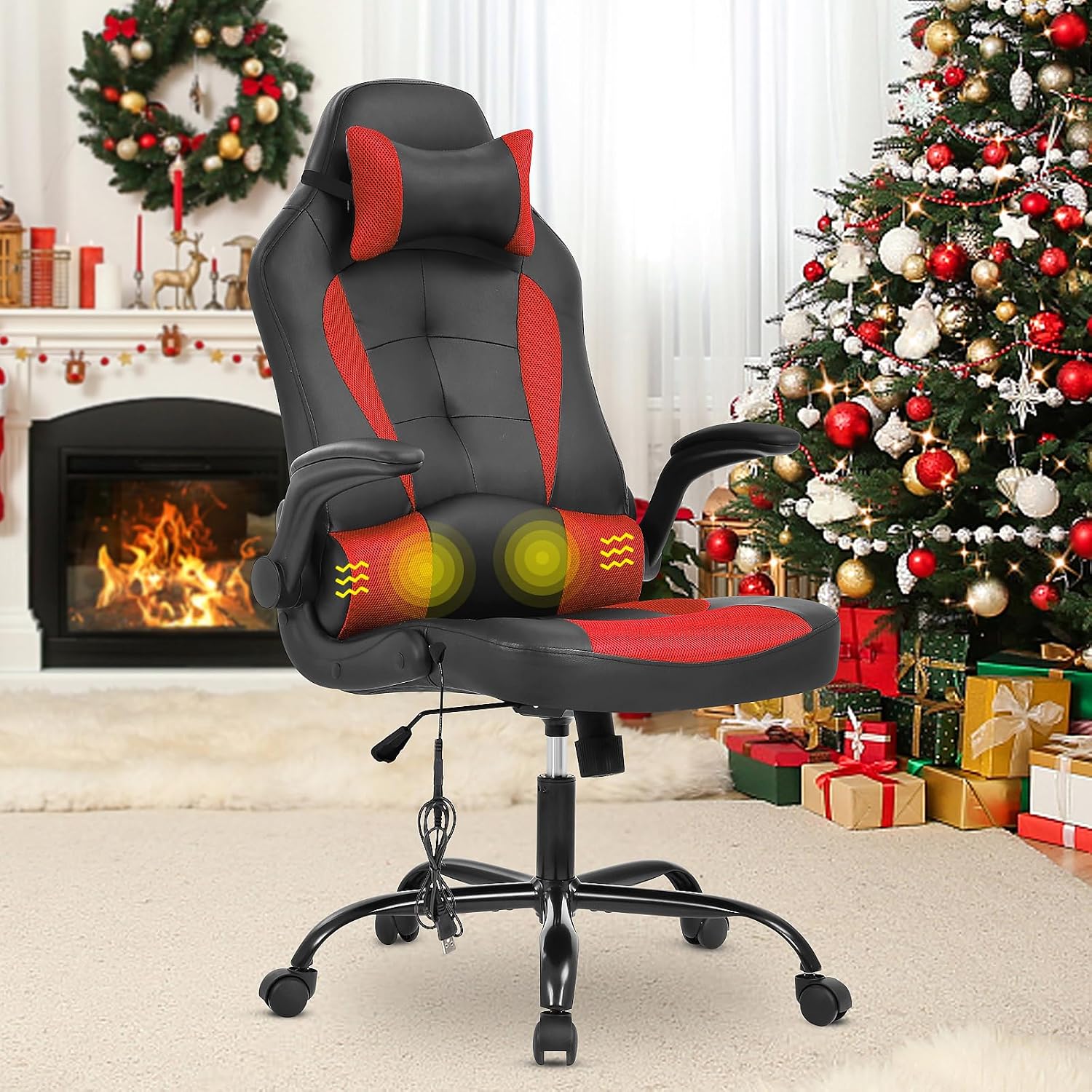 Gaming Chair Ergonomic Home Office Video Game Chairs Massage PU Leather Computer Chair Adjustable Swivel Chairs with Lumbar Support Headrest, Red