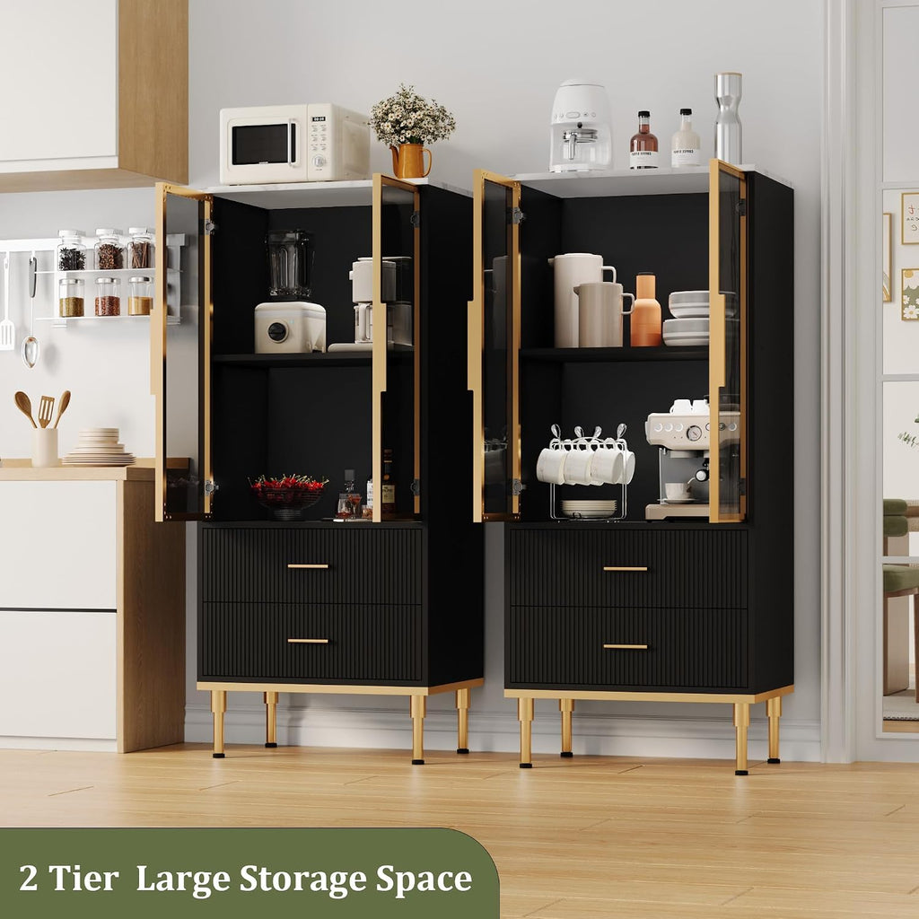 Garvee Fluted Pantry Cabinet with Glass Door and 2 Drawers, Kitchen Pantry Storage Cabinet with Adjustable Shelves, Modern Display Sideboard for Kitchen, Dining Room, Living Room, Black