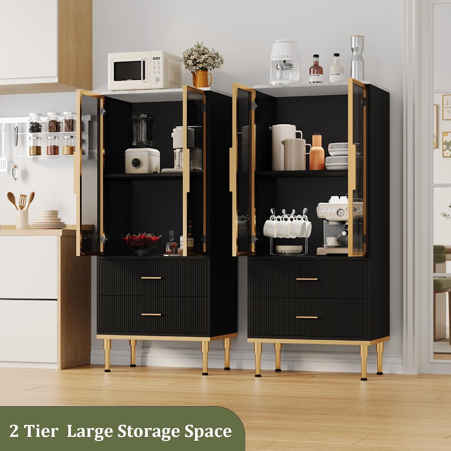 Garvee Fluted Pantry Cabinet with Glass Door and 2 Drawers, Kitchen Pantry Storage Cabinet with Adjustable Shelves, Modern Display Sideboard for Kitchen, Dining Room, Living Room, Black