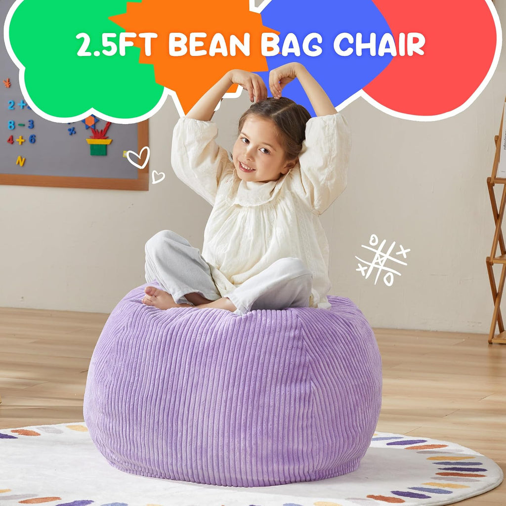Hobestluk Kids Bean Bag Chair Teardrop Shape with Filling, 2.5FT Purple | Soft Fabric, Corduroy Cover, Removable and Washable, Memory Foam Filler, Portable Handle, Gaming, Relaxing, For Living Room