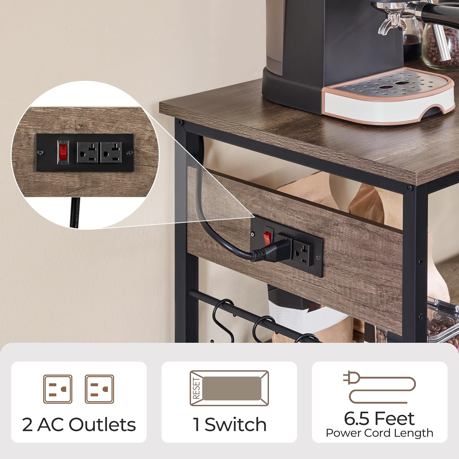 Yaheetech Kitchen Island Cart with Power Outlet, Kitchen Carts on Wheels with Storage, 3-Tier Microwave Stand with Foodpads, Glass and Mug Holders, 8 Hooks, Taupe Wood