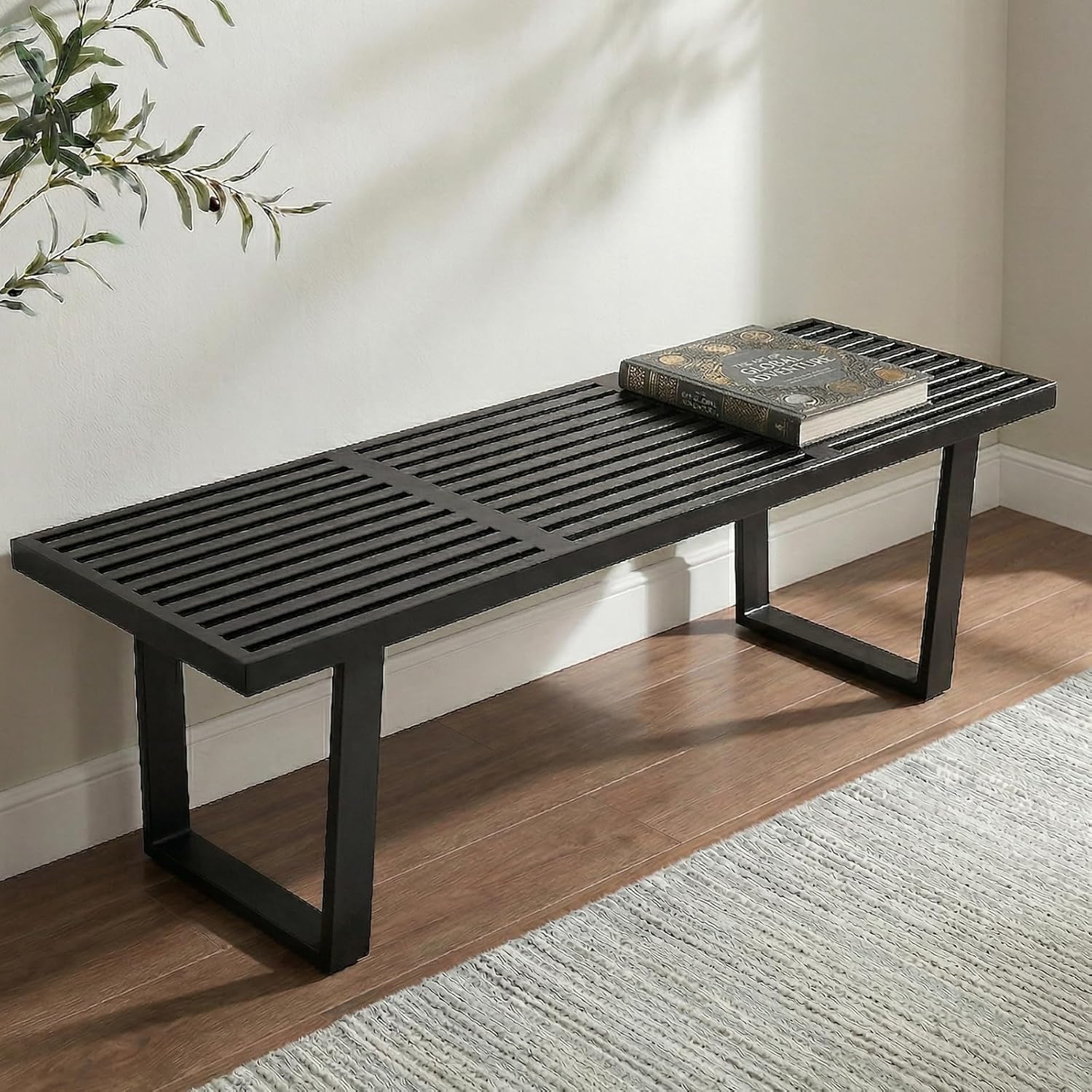 HNY Modern Entryway Bench Black Wood Minimalist Nelson Bench with Metal Legs for Bedroom Dining Room Hallway Foyer Living Room