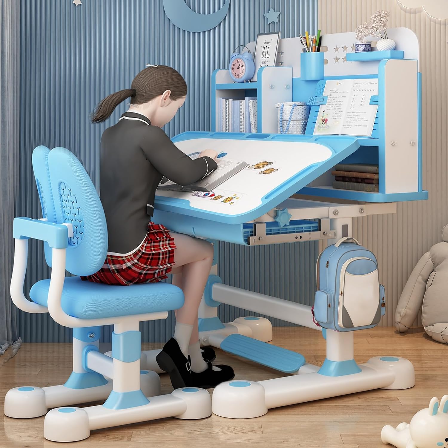 Kids Desk and Chair Set - Adjustable Height Small Desks, Widened Desktop, Kids Study Desk with Drawer & Multi Separation Cartoon Pattern, Small Standing Desks Pink