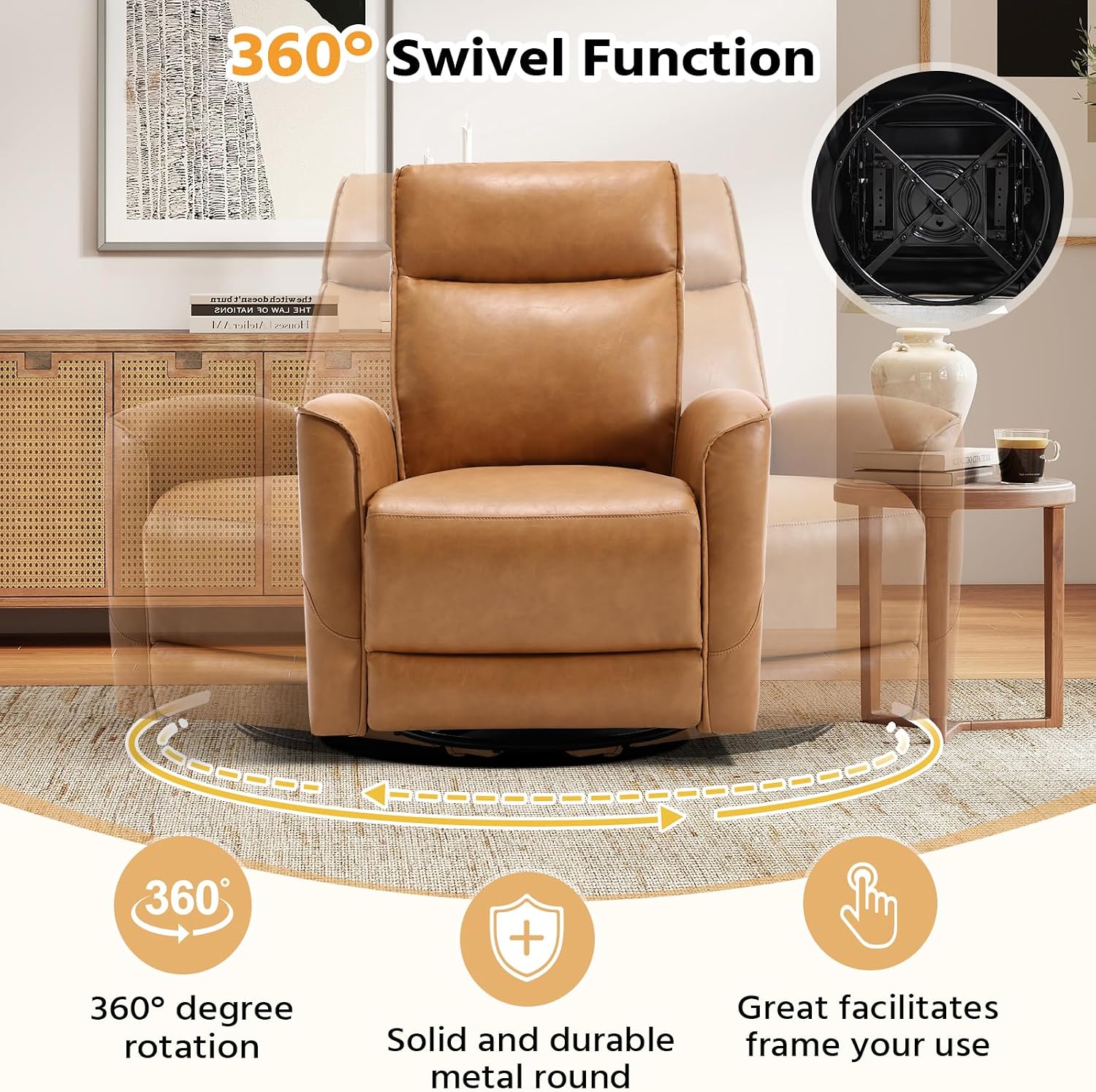 HAOMARKETS Swivel Rocker Recliner Chair, Manual Faux Leather Glider Rocking Recliners for Adults, 360° Swivel Nursery Reclining Sofa with Storage Pocket