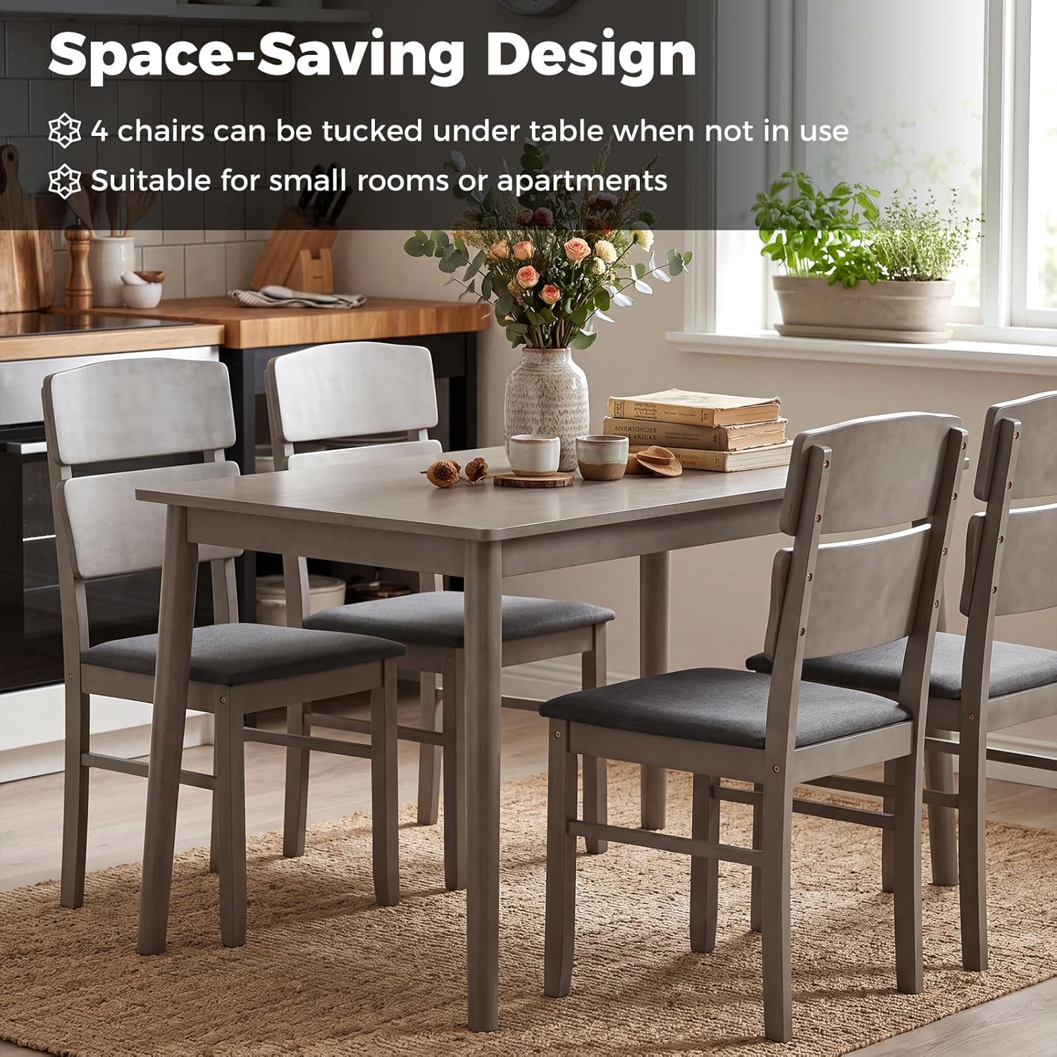 Giantex 5-Piece Dining Table Set for 4, Kitchen Table and Upholstered Chair Set w/Solid Rubber Wood Legs, High Curved Backrest, Space-Saving Farmhouse Dinette Set for Living Dining Room, Gray