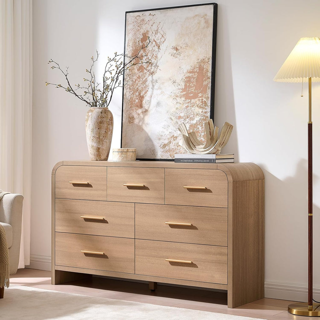 Curved 7 Drawer Dresser for Bedroom, 53.82'' Wide Chest of Drawers, Modern Storage Cabinet for Hallway & Living Room TV Stand, FSC Certified 1.18" Thick Board, 100 lbs Top Weight, Oak