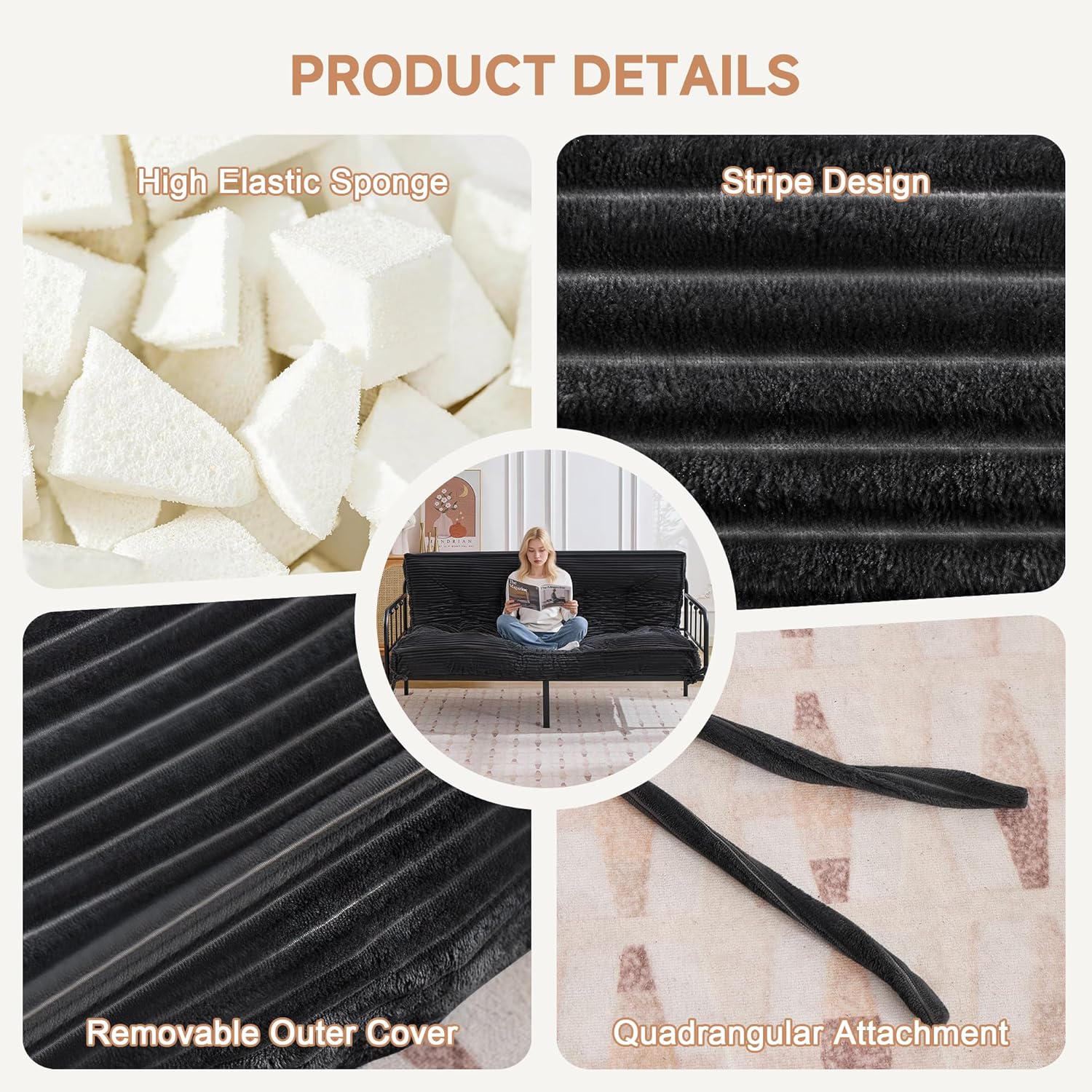 8" Futon Mattress Queen Size,Foldable Futon Sofa Couch Bed Twisted Rope Design Edging,Floor Mattress Thick Density Shredded Foam(Frame Not Included),Sleeping Pad for Guest Bedroom Living,Black
