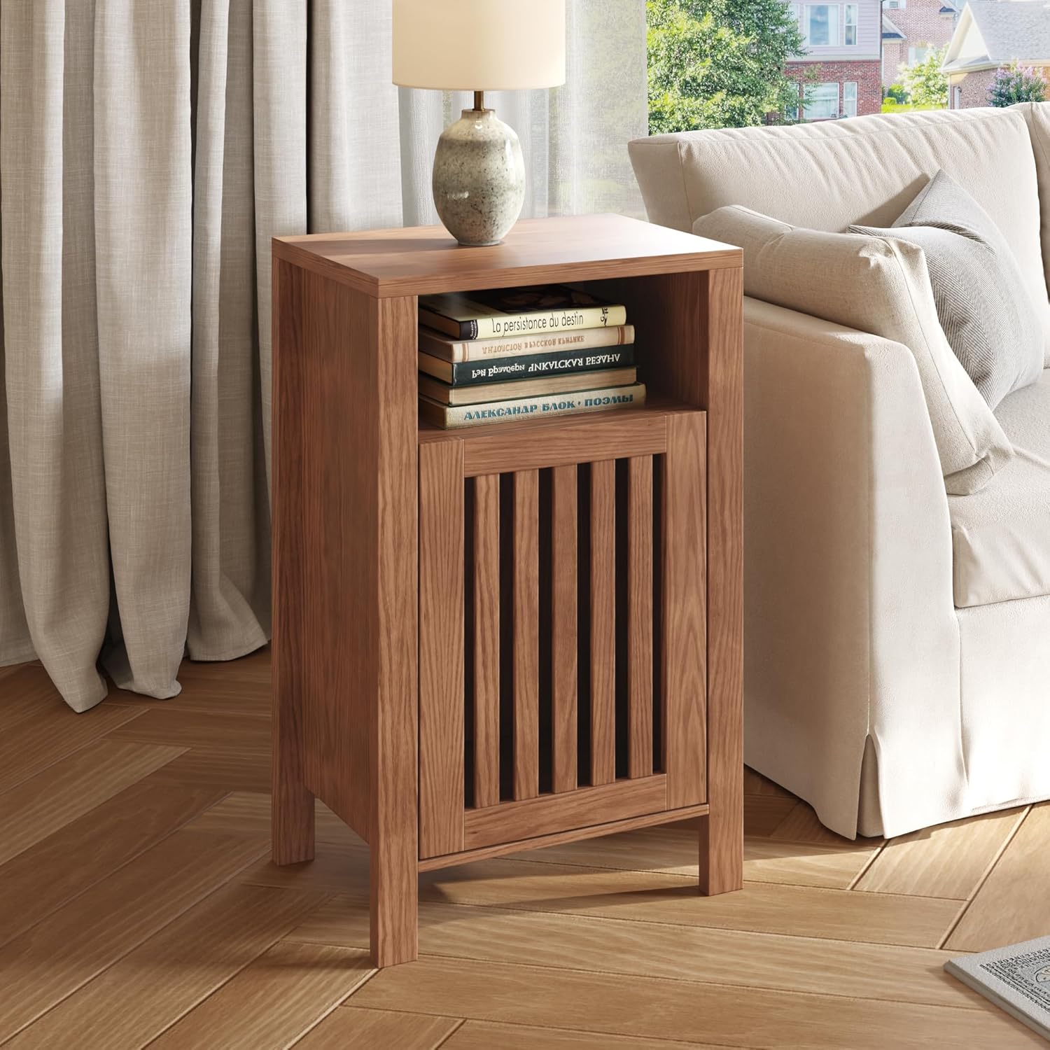 Farmhouse Nightstand Set of 2, Modern Bedside Table with Door and Open Shelf, Compact End Table Side Table with Storage for Small Spaces, Bedroom(Brown)