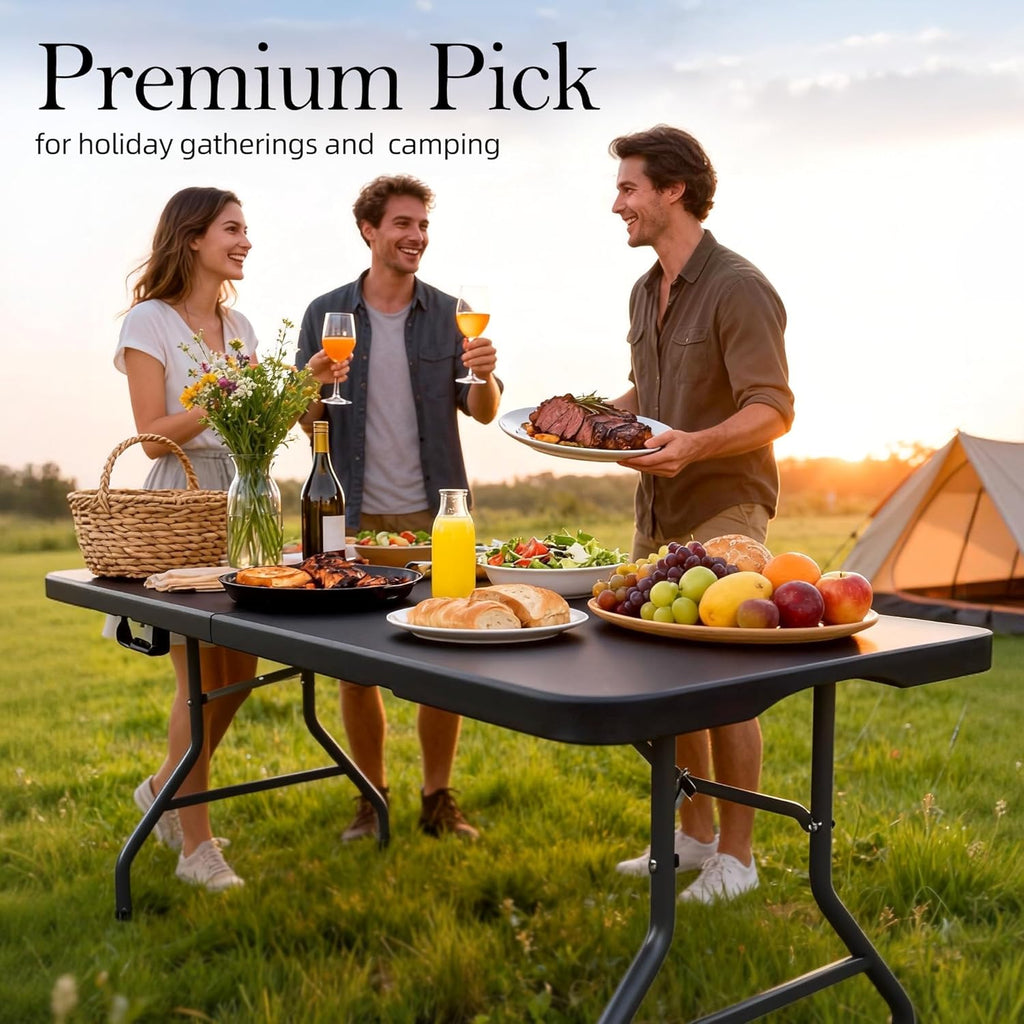 6FT Folding Table with Carrying Handle: Upgrade Thickened Heavy Duty Portable Foldable Table | Perfect Plastic Tables for Party, Dining, Wedding, Events, Picnic Indoor, Outdoor, Camping, Utility Black